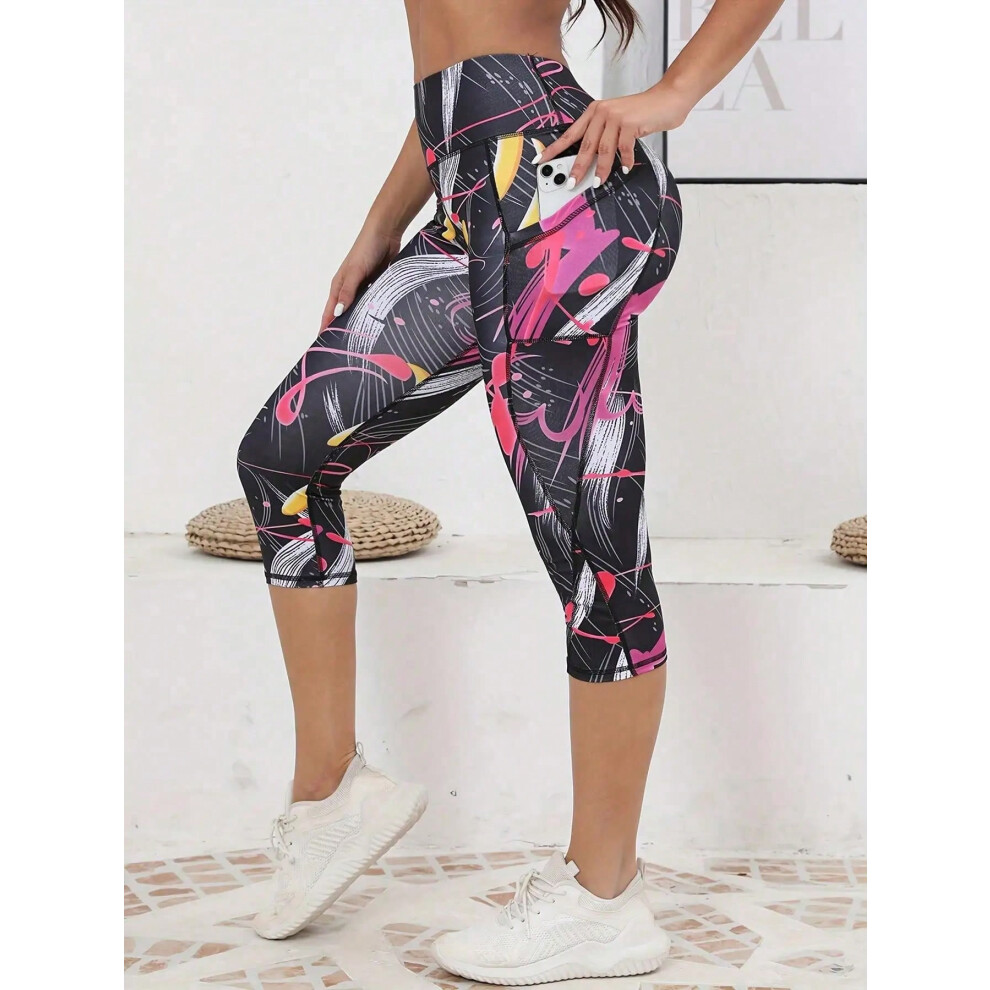(Pink, XXL) Printed Women's Leggings with Pockets High Waist Yoga Pants Fitness Running Exercise Leggings