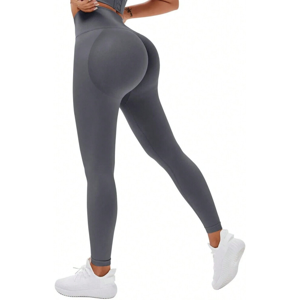 (Gray, L) Knitted Seamless Fitness Leggings Pants Women High Waist Push Up Leggings  Tight Peach Buttocks Yoga Pants