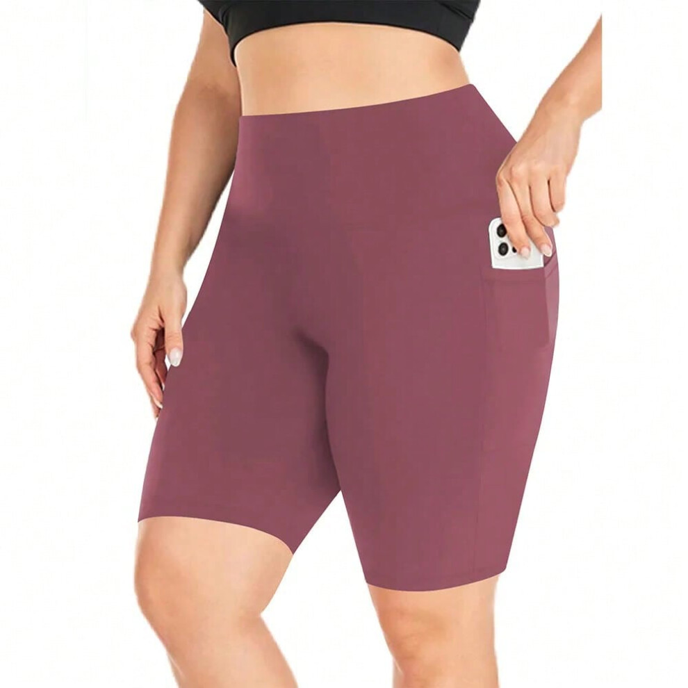 (Red, 3XL) Women's High-Waisted Yoga Shorts Plus Size Workout Leggings with Dual Pockets Stretch European Style Activewear for Gym & Casual