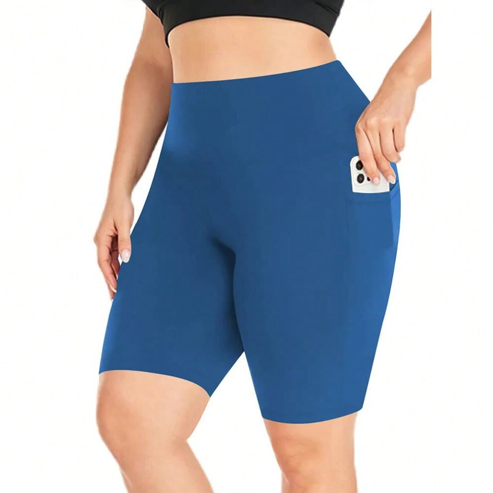 (Blue, 2XL) Women's High-Waisted Yoga Shorts Plus Size Workout Leggings with Dual Pockets Stretch European Style Activewear for Gym & Casual