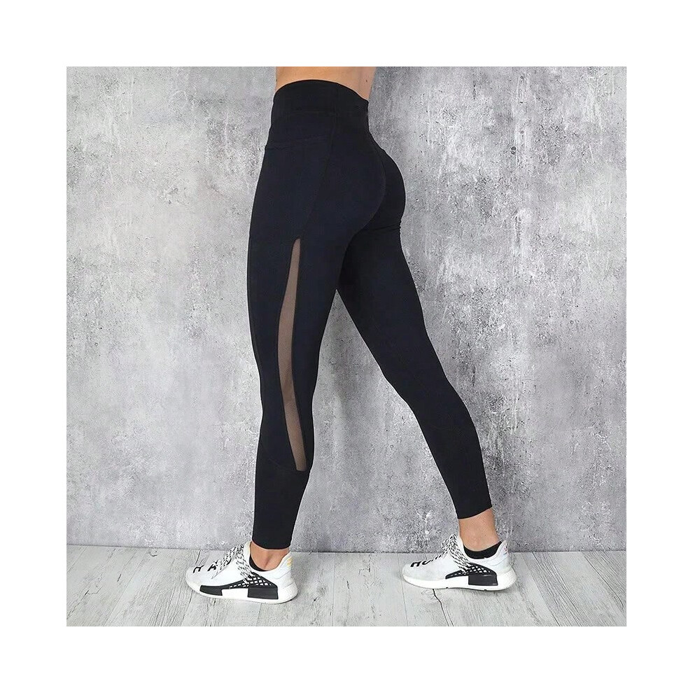 (black, M) Mesh Spliced Leggings Women Seamless Tights with Pocket Pants High Waist Hip Lift Gym Trainning Running Elastic Slim Yoga Pants