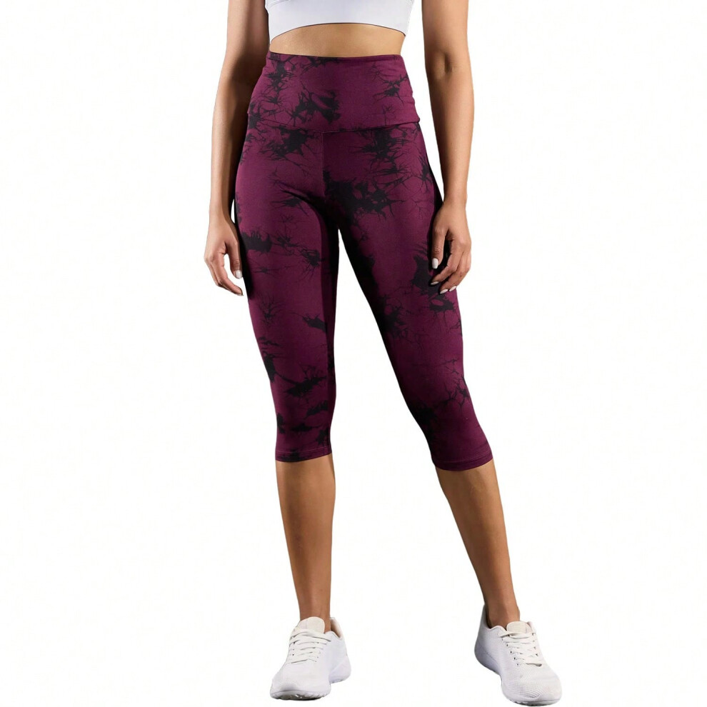 (Burgundy, L) Women's High Waisted Capri Pants Super Soft Tummy Control No See Through Workout Yoga Running Athletic Push Up Gym Leggings