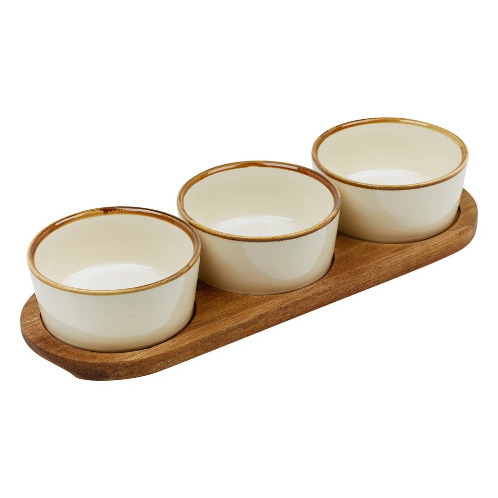 (Oblong) 3 Tapas Serving Dishes Ceramic Dip Bowls on Wooden Acacia Tray Snacks & Nibbles