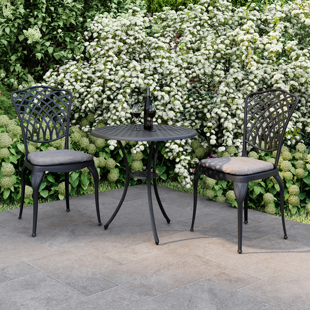 Charles Bentley Cast Aluminium Bistro Round Table And 2 Chairs Set Black Outdoor Table with Dark Grey Cushions