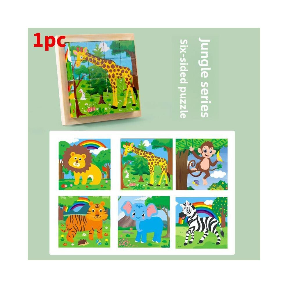 (Jungle ) Wooden Kids Six Sided Volume Wood 3d Puzzle With Tiger Fox Dog Print Dinosaurs-image-OPC-PHPRTXF-NEW