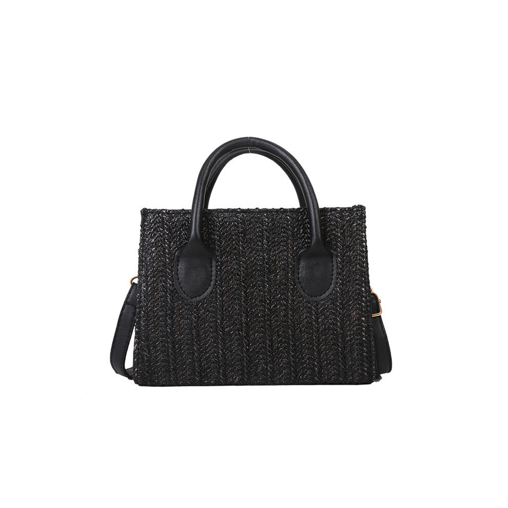 (Black) Color Summer Solid Straw Bag Small Square Handbag Zipper Casual Closure Travel-image-OPC-PHPRY8C-NEW