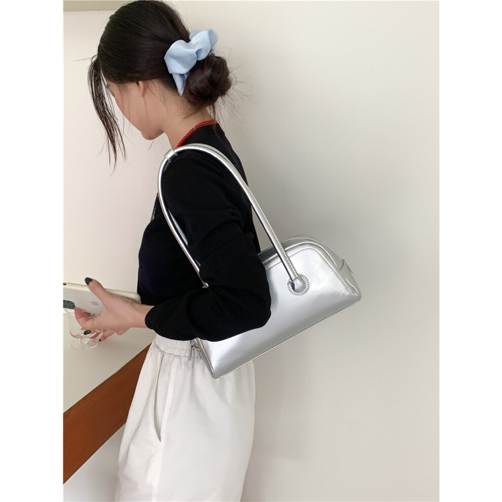 Bonxaif (Silvery) New Fashion Small Square Bag For Women Simple Armpit Bag With High-End Feel Hand-Held Shoulder Bag Commuting Style