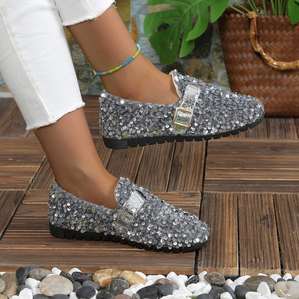 (silver, 39) Summer Ballet Shoes Women Flat Bling Women Loafers Platform Shiny Women's Casual Shoes Sequin Slippers