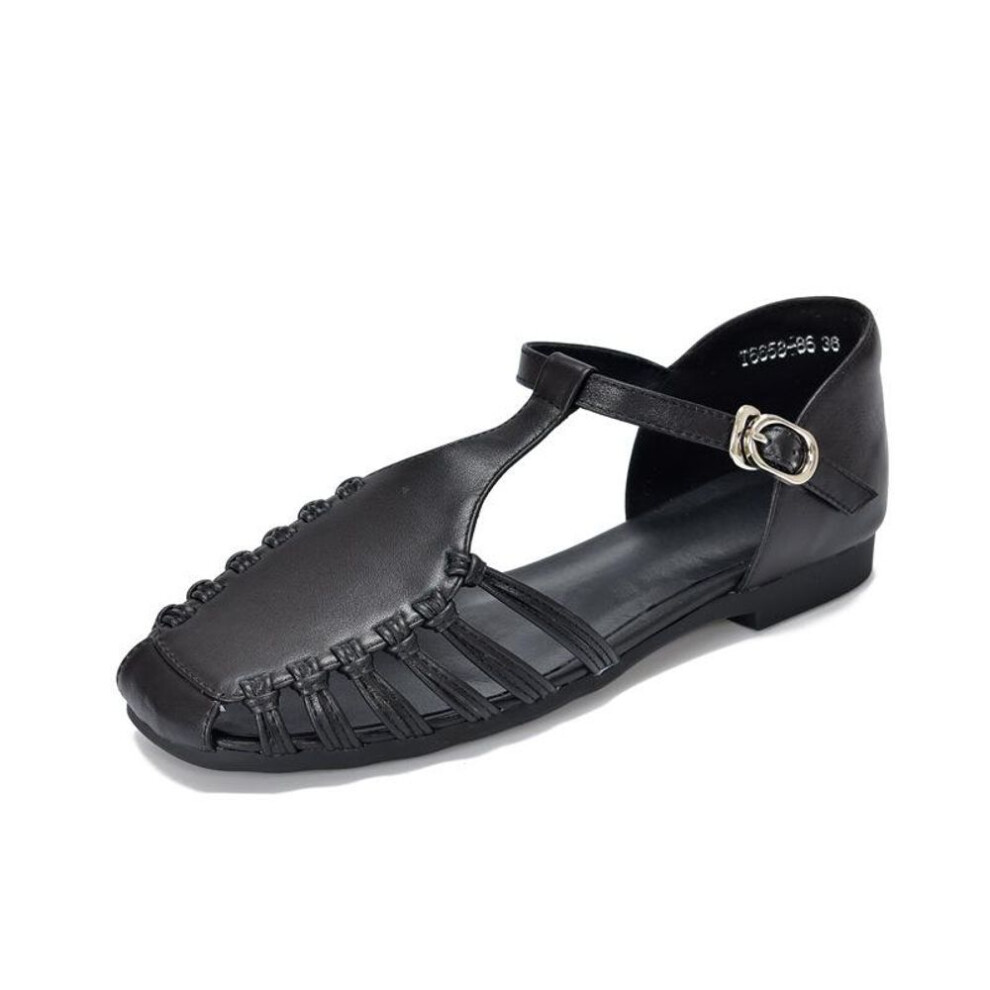 (black, 36) Johnature Versatile Woven Hollow-out Breathable Flat Sandals Genuine Leather Soft Soled Women's Shoes