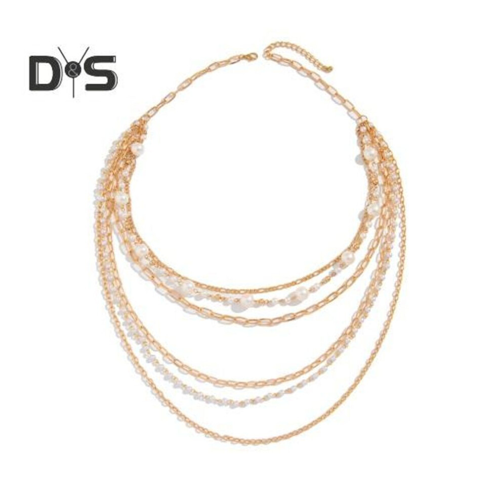 Lady Necklace Multi-layered Faux Pearl Decor Hollow Chain Adjustable Length Individual Style Club Party Neck Jewelry