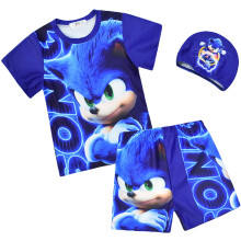 (6-7 Years, Blue) Sonic the Hedgehog Kid Boy Girl Swimsuits Swimwear T-Shirts Short Set with Cap 3 Piece Bathing Suit