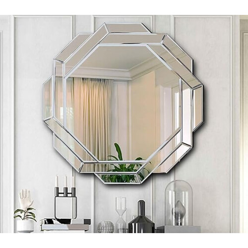 Round Silver Dual Octagonal Wall Mirror Decor 60x60cm