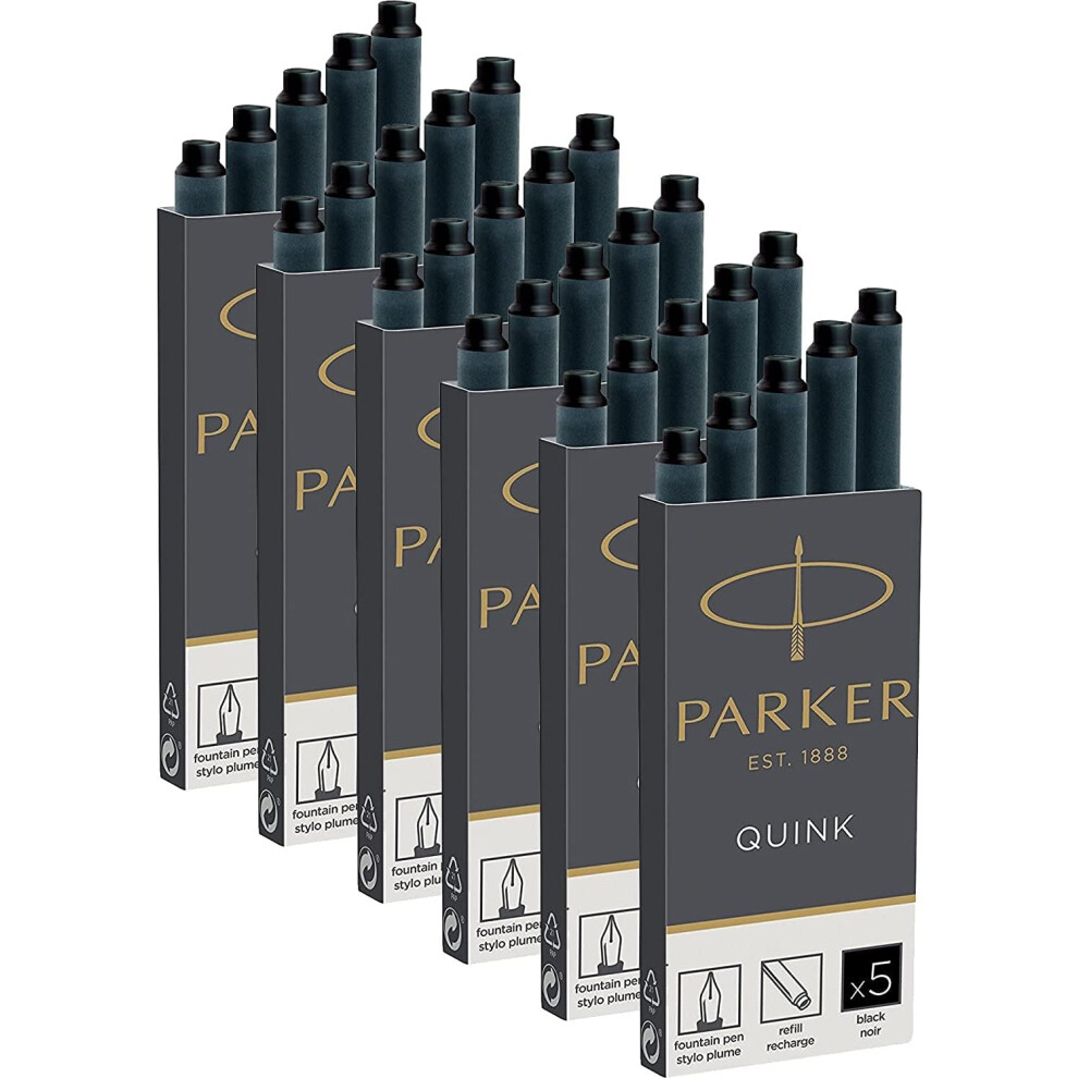 Parker Quink Fountain Pen Refill Ink Cartridges 30 Pack - Black Ink