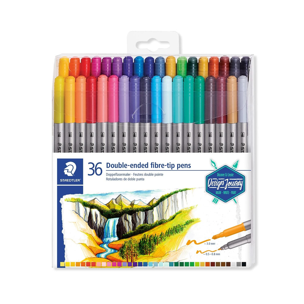 STAEDTLER 3200 TB36 Design Journey Double-Ended Fibre-Tip Pens with Thin & Wide Nibs - Assorted Colours (Pack of 36)