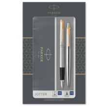 Parker Jotter Duo Gift Set with Ballpoint Pen & Fountain Pen | Stainless Steel with Gold Trim | Blue Ink Refill & Cartridges | Gift Box