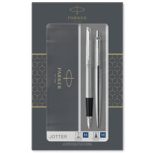 Parker Jotter Duo Gift Set with Ballpoint Pen & Fountain Pen | Stainless Steel with Chrome Trim | Blue Ink Refill & Cartridges | Gift Box