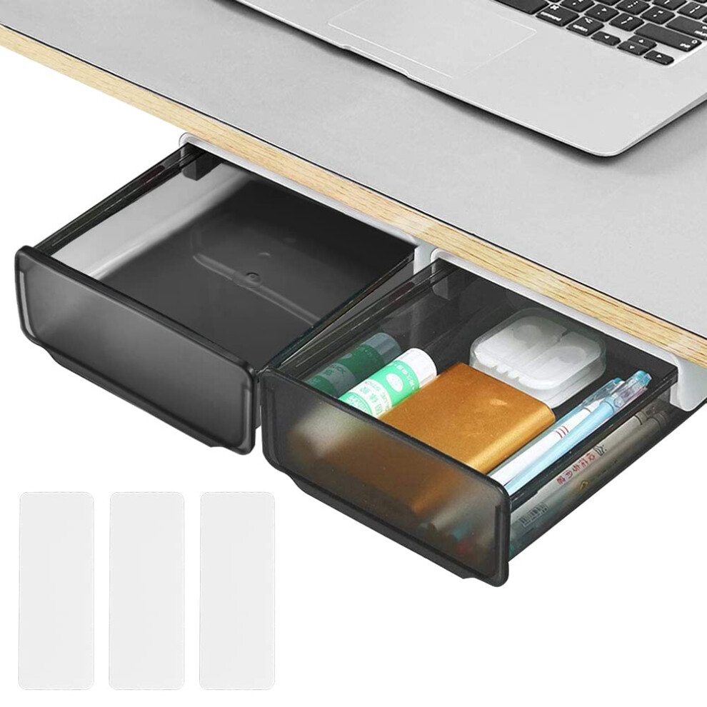 BUENTYA 2Pcs Under Desk Drawers, Self-Adhesive Under Desk Storage Drawers Pop-up Hidden Desk Organizer Box Slide-Out Under Table Drawer Large Capacity-image-OPC-PHPV5VM-NEW
