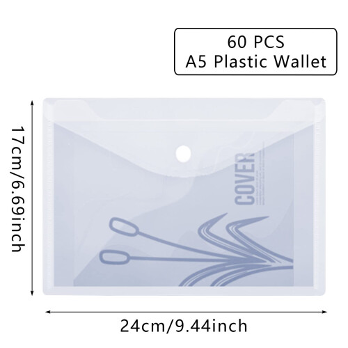 DAJAVE 60 Pcs A5 Plastic Wallet with Popper Clear Document Wallets A5 Plastic Folders Popper Wallets with Button 1