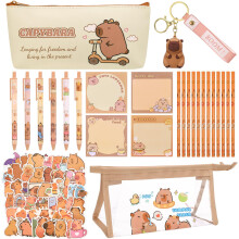 Cute Capybara Stationery Set, Capybara Pencil Case with Gel Ink Pens HB Pencils Stickers Keyring Sticky Notes Kawaii Stationery Set Capybara Gifts for