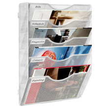 TQVAI 5-Tier Wall File Organiser, Wall Mail Holder, Wall Mounted Magazine Rack, Mesh A4 Paper Storage, Office Document Organiser, White