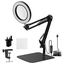 10X Magnifying LED Desk Lamp with Base & Clamp, 3 Color Lighted Magnifier, Adjustable Arm 4.13" Diameter Glass Lens for Reading, Hobbies (Black)