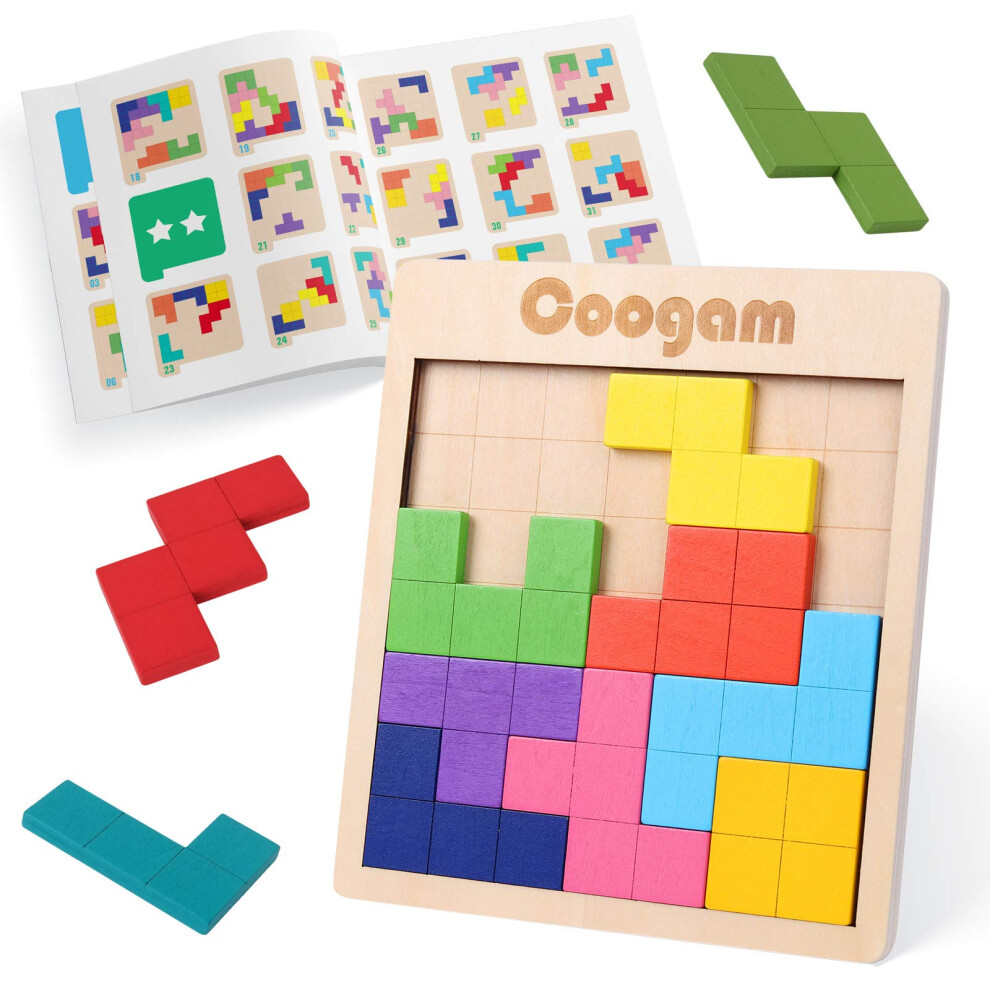 Coogam Wooden Tangram Puzzle Pattern Blocks Brain Teasers Game with 60 Challenges, 3D Russian Building Toy Wood Shape Jigsaw Puzzles Montessori STEM-image-OPC-PHPV86Q-NEW