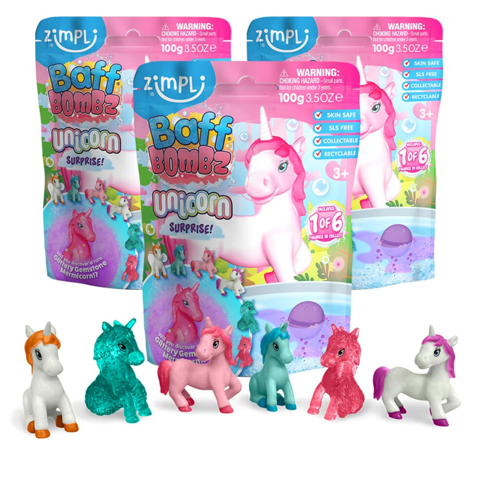 Zimpli Kids 3 X Large 100G Unicorn Surprise Bath Bombs, 6 Surprise Unicorn Toys To Collect In Total, One Per Bath Bomb, Mystery Gift For Children,