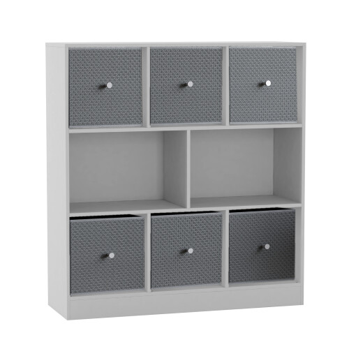 URBN Living (White Bookcase, Light Grey Drawer) Asymmetrical 8 Cube Bookcase Shelf Storage Unit with 6 Fabric Drawer Inserts 1
