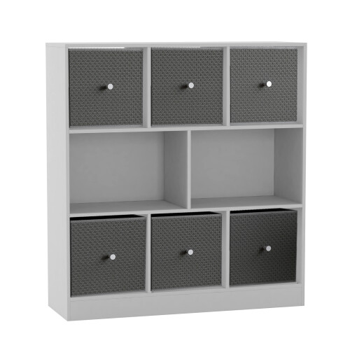 URBN Living (White Bookcase, Dark Grey Drawer) Asymmetrical 8 Cube Bookcase Shelf Storage Unit with 6 Fabric Drawer Inserts 1