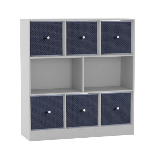 URBN Living (White Bookcase, Navy Blue Drawer) Asymmetrical 8 Cube Bookcase Shelf Storage Unit with 6 Fabric Drawer Inserts 1