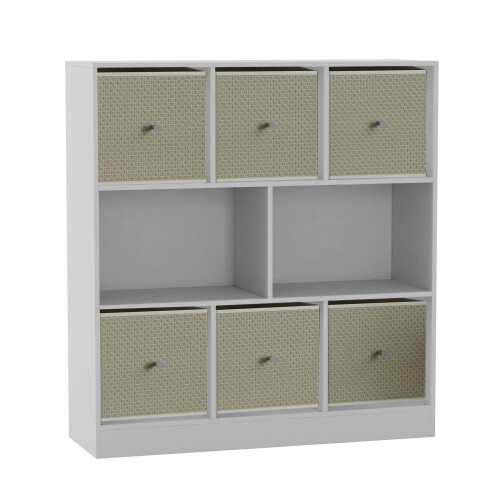 URBN Living (White Bookcase, Beige Drawer) Asymmetrical 8 Cube Bookcase Shelf Storage Unit with 6 Fabric Drawer Inserts 1
