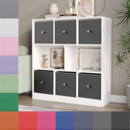 URBN Living (White Bookcase, Black Drawer) Asymmetrical 8 Cube Bookcase Shelf Storage Unit with 6 Fabric Drawer Inserts