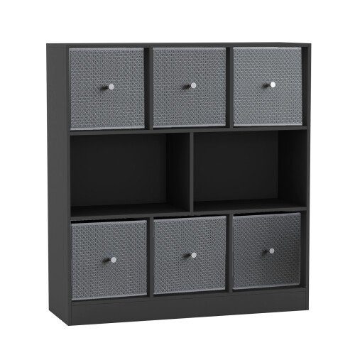 URBN Living (Black Bookcase, Light Grey Drawer) Asymmetrical 8 Cube Bookcase Shelf Storage Unit with 6 Fabric Drawer Inserts 1