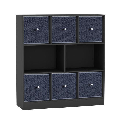 URBN Living (Black Bookcase, Navy Blue Drawer) Asymmetrical 8 Cube Bookcase Shelf Storage Unit with 6 Fabric Drawer Inserts 1