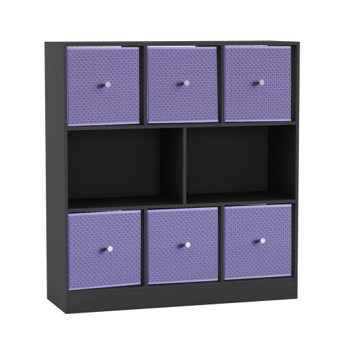 URBN Living (Black Bookcase, Lilac Drawer) Asymmetrical 8 Cube Bookcase Shelf Storage Unit with 6 Fabric Drawer Inserts 1