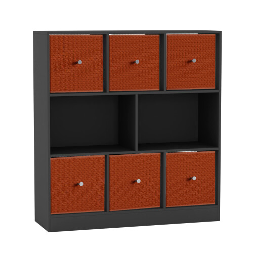 URBN Living (Black Bookcase, Orange Drawer) Asymmetrical 8 Cube Bookcase Shelf Storage Unit with 6 Fabric Drawer Inserts 1