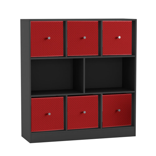 URBN Living (Black Bookcase, Red Drawer) Asymmetrical 8 Cube Bookcase Shelf Storage Unit with 6 Fabric Drawer Inserts 1