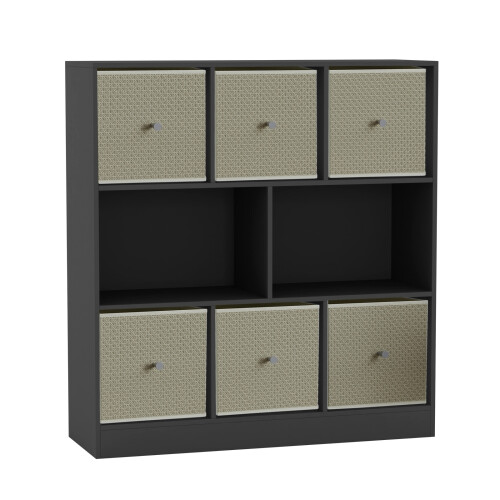 URBN Living (Black Bookcase, Beige Drawer) Asymmetrical 8 Cube Bookcase Shelf Storage Unit with 6 Fabric Drawer Inserts 1