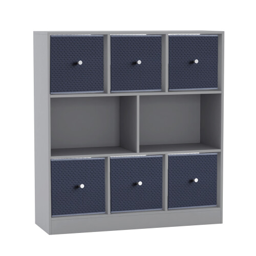 URBN Living (Grey Bookcase, Navy Blue Drawer) Asymmetrical 8 Cube Bookcase Shelf Storage Unit with 6 Fabric Drawer Inserts 1