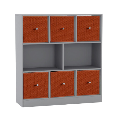 URBN Living (Grey Bookcase, Orange Drawer) Asymmetrical 8 Cube Bookcase Shelf Storage Unit with 6 Fabric Drawer Inserts 1