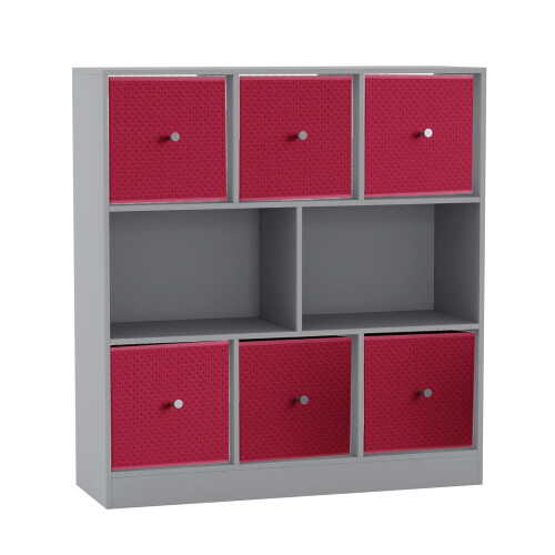 URBN Living (Grey Bookcase, Fuchsia Drawer) Asymmetrical 8 Cube Bookcase Shelf Storage Unit with 6 Fabric Drawer Inserts 1