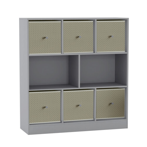 URBN Living (Grey Bookcase, Beige Drawer) Asymmetrical 8 Cube Bookcase Shelf Storage Unit with 6 Fabric Drawer Inserts 1