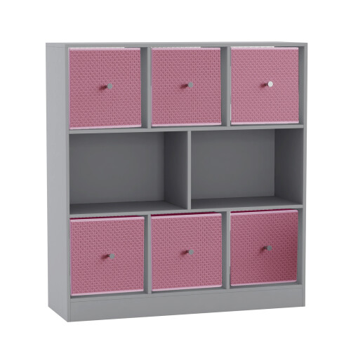 URBN Living (Grey Bookcase, Pastel Pink Drawer) Asymmetrical 8 Cube Bookcase Shelf Storage Unit with 6 Fabric Drawer Inserts 1