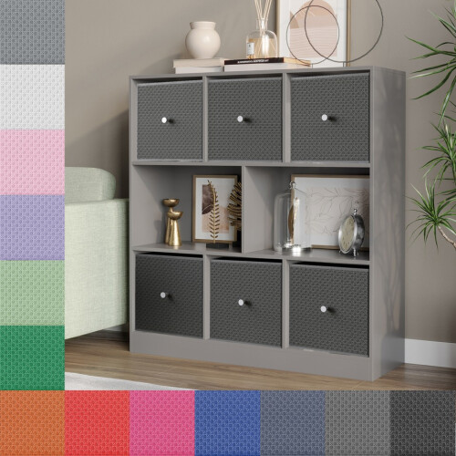 URBN Living (Grey Bookcase, White Drawer) Asymmetrical 8 Cube Bookcase Shelf Storage Unit with 6 Fabric Drawer Inserts