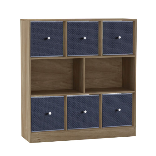 URBN Living (Oak Bookcase, Navy Blue Drawer) Asymmetrical 8 Cube Bookcase Shelf Storage Unit with 6 Fabric Drawer Inserts 1