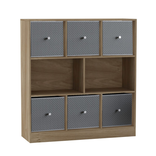 URBN Living (Oak Bookcase, Light Grey Drawer) Asymmetrical 8 Cube Bookcase Shelf Storage Unit with 6 Fabric Drawer Inserts 1