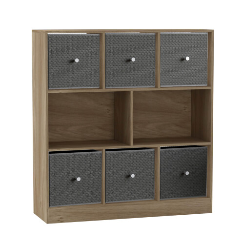 URBN Living (Oak Bookcase, Dark Grey Drawer) Asymmetrical 8 Cube Bookcase Shelf Storage Unit with 6 Fabric Drawer Inserts 1
