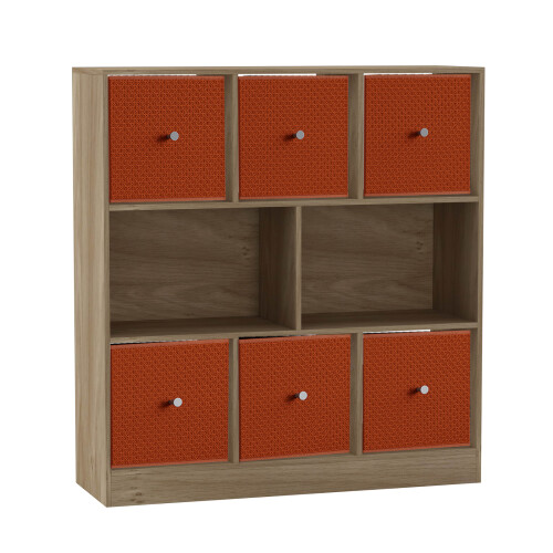URBN Living (Oak Bookcase, Orange Drawer) Asymmetrical 8 Cube Bookcase Shelf Storage Unit with 6 Fabric Drawer Inserts 1