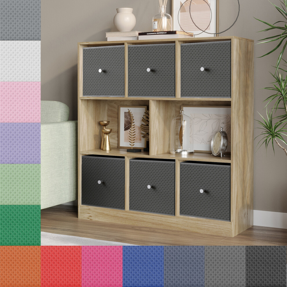 Urbn Living (Oak Bookcase, Lilac Drawer) Asymmetrical 8 Cube Bookcase Shelf Storage Unit With 6 Fabric Drawer Inserts