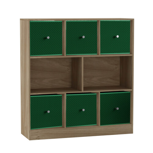 URBN Living (Oak Bookcase, Green Drawer) Asymmetrical 8 Cube Bookcase Shelf Storage Unit with 6 Fabric Drawer Inserts 1